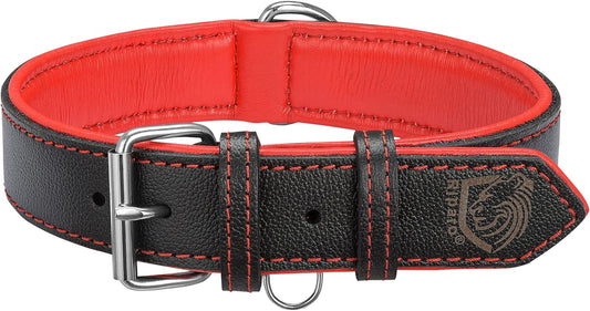 Riparo Dog Collars for Medium Dogs, Genuine Leather Dog Collar, Medium Dog Collar (M, Black/Red Thread)