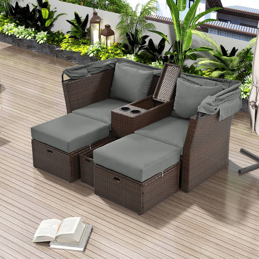 2-Seater Outdoor Patio Daybed Outdoor Double Daybed Outdoor Loveseat Sofa Set with Foldable Awning and Cushions for Garden, Balcony, Poolside, Grey