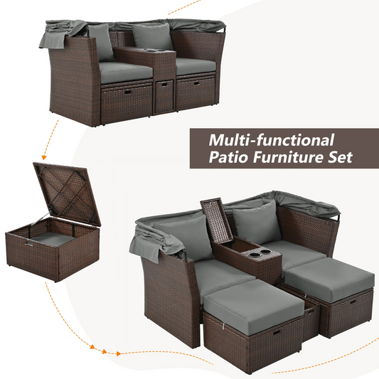 2-Seater Outdoor Patio Daybed Outdoor Double Daybed Outdoor Loveseat Sofa Set with Foldable Awning and Cushions for Garden, Balcony, Poolside, Grey