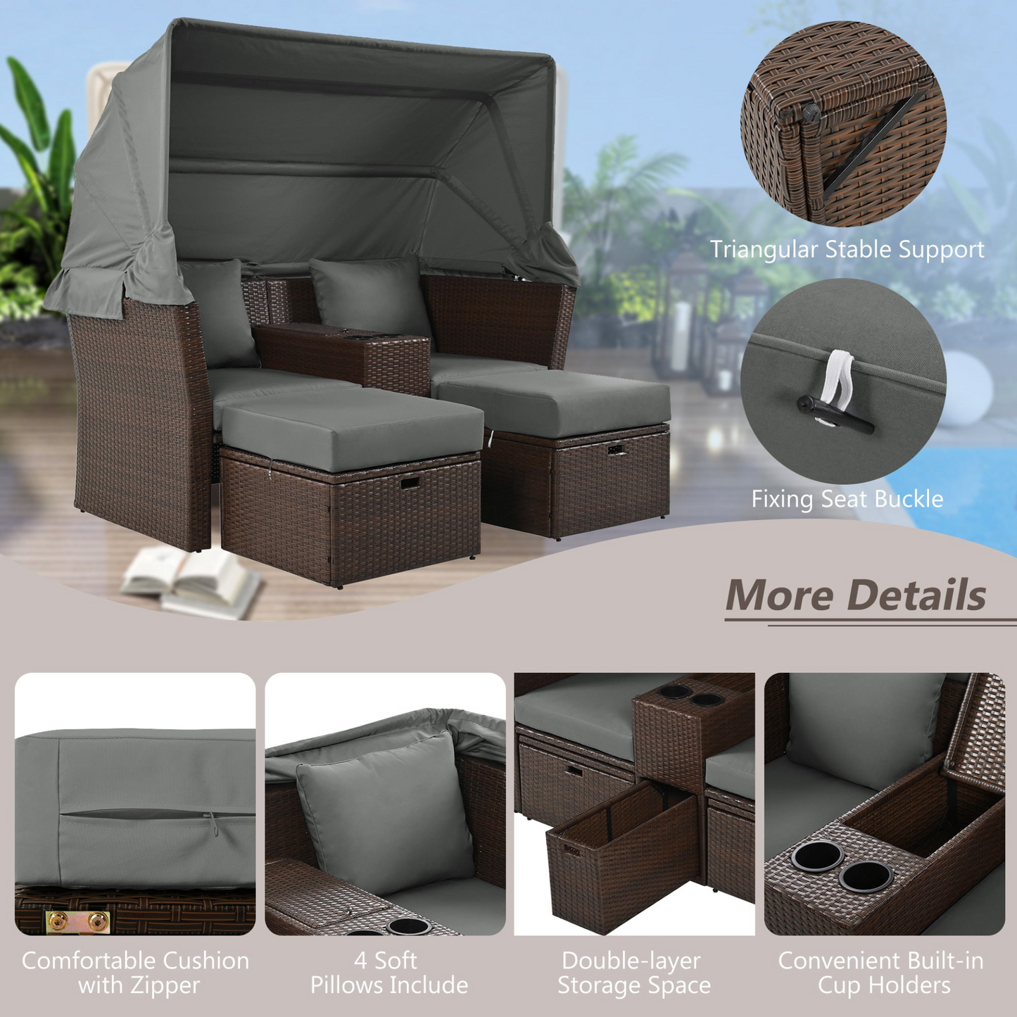 2-Seater Outdoor Patio Daybed Outdoor Double Daybed Outdoor Loveseat Sofa Set with Foldable Awning and Cushions for Garden, Balcony, Poolside, Grey