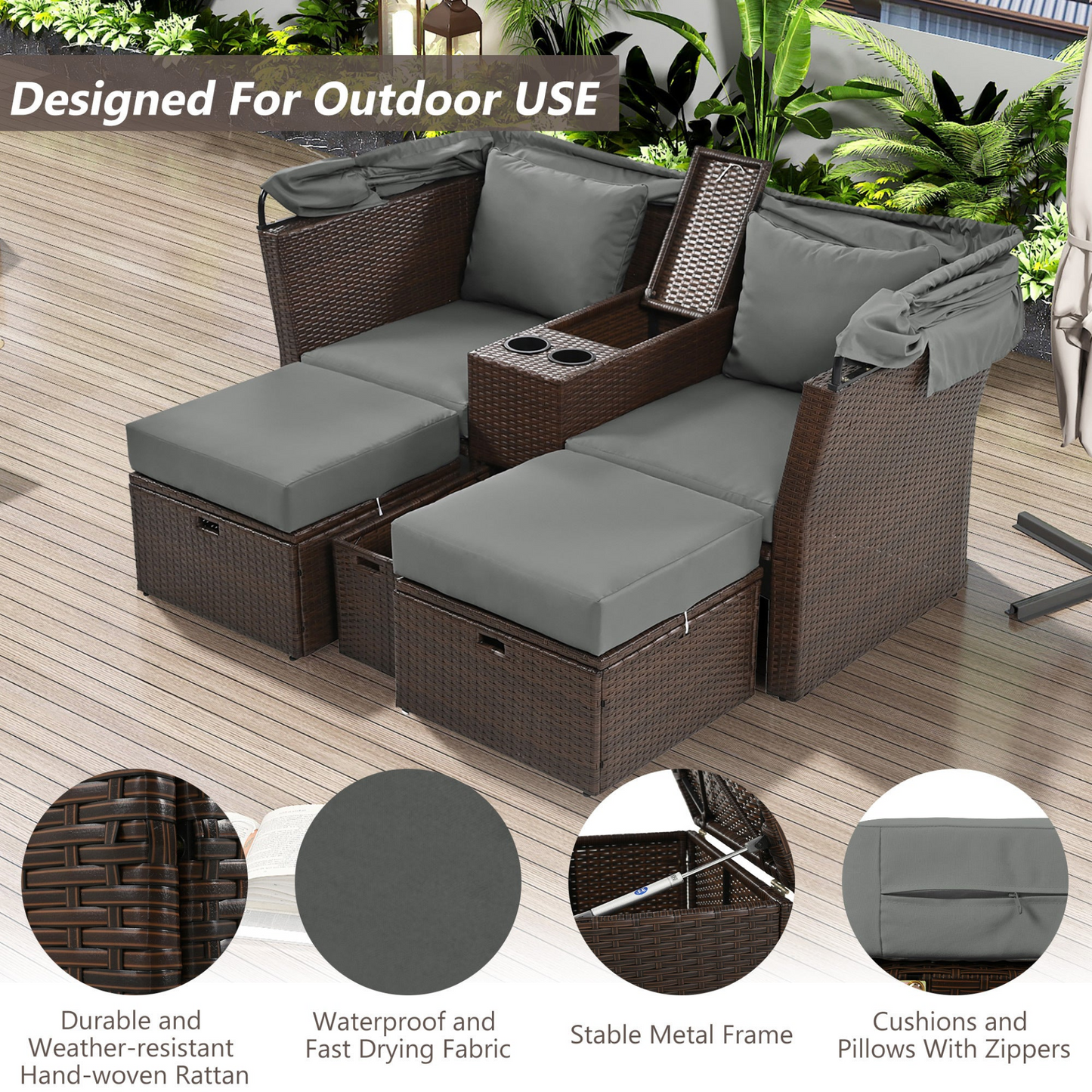 2-Seater Outdoor Patio Daybed Outdoor Double Daybed Outdoor Loveseat Sofa Set with Foldable Awning and Cushions for Garden, Balcony, Poolside, Grey