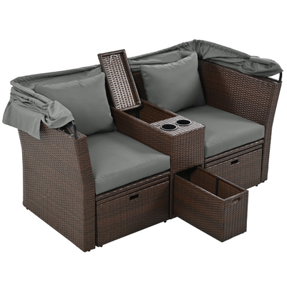 2-Seater Outdoor Patio Daybed Outdoor Double Daybed Outdoor Loveseat Sofa Set with Foldable Awning and Cushions for Garden, Balcony, Poolside, Grey