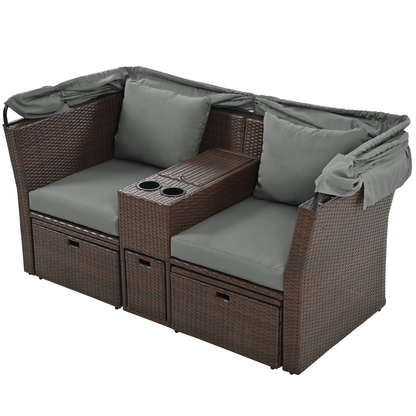 2-Seater Outdoor Patio Daybed Outdoor Double Daybed Outdoor Loveseat Sofa Set with Foldable Awning and Cushions for Garden, Balcony, Poolside, Grey