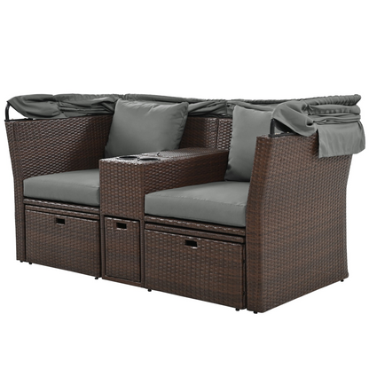 2-Seater Outdoor Patio Daybed Outdoor Double Daybed Outdoor Loveseat Sofa Set with Foldable Awning and Cushions for Garden, Balcony, Poolside, Grey