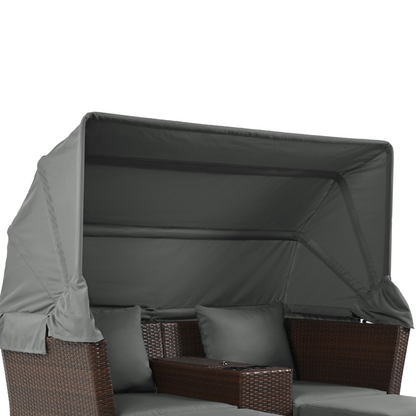 2-Seater Outdoor Patio Daybed Outdoor Double Daybed Outdoor Loveseat Sofa Set with Foldable Awning and Cushions for Garden, Balcony, Poolside, Grey