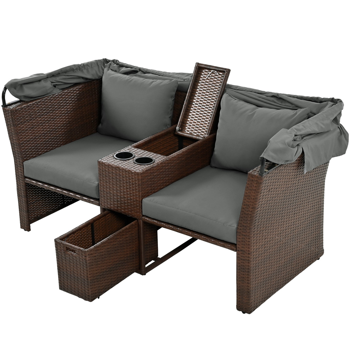 2-Seater Outdoor Patio Daybed Outdoor Double Daybed Outdoor Loveseat Sofa Set with Foldable Awning and Cushions for Garden, Balcony, Poolside, Grey