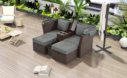 2-Seater Outdoor Patio Daybed Outdoor Double Daybed Outdoor Loveseat Sofa Set with Foldable Awning and Cushions for Garden, Balcony, Poolside, Grey