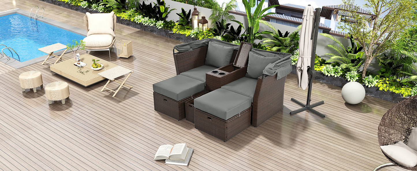 2-Seater Outdoor Patio Daybed Outdoor Double Daybed Outdoor Loveseat Sofa Set with Foldable Awning and Cushions for Garden, Balcony, Poolside, Grey