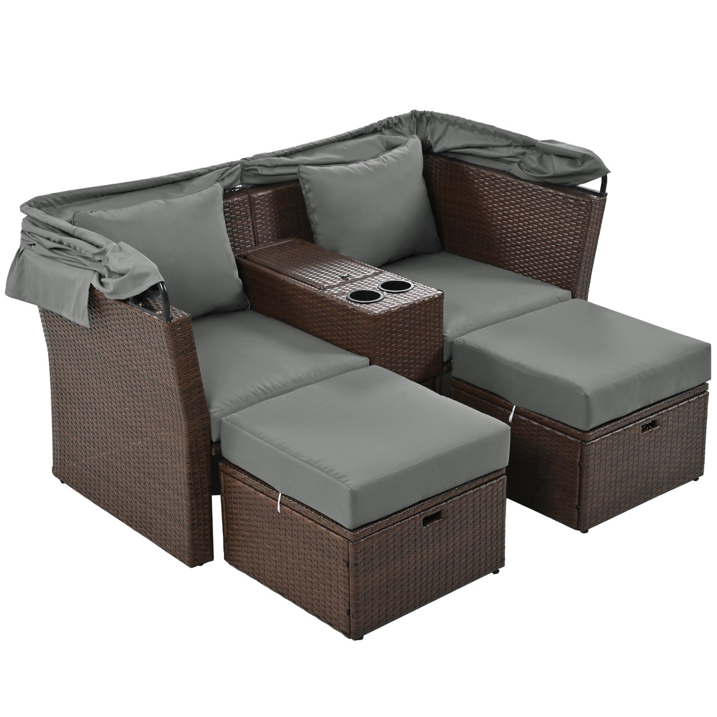 2-Seater Outdoor Patio Daybed Outdoor Double Daybed Outdoor Loveseat Sofa Set with Foldable Awning and Cushions for Garden, Balcony, Poolside, Grey