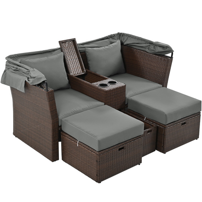 2-Seater Outdoor Patio Daybed Outdoor Double Daybed Outdoor Loveseat Sofa Set with Foldable Awning and Cushions for Garden, Balcony, Poolside, Grey