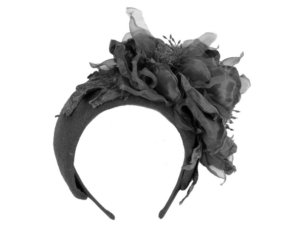 Wide black headband with silk flower