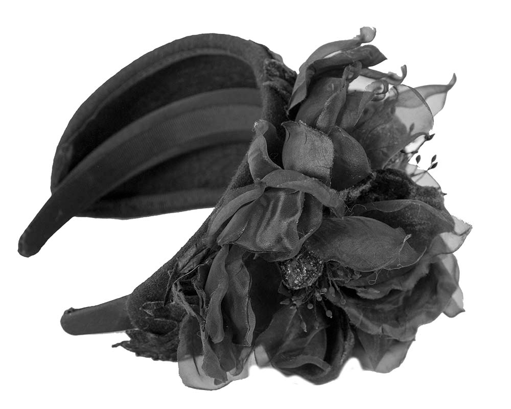 Wide black headband with silk flower