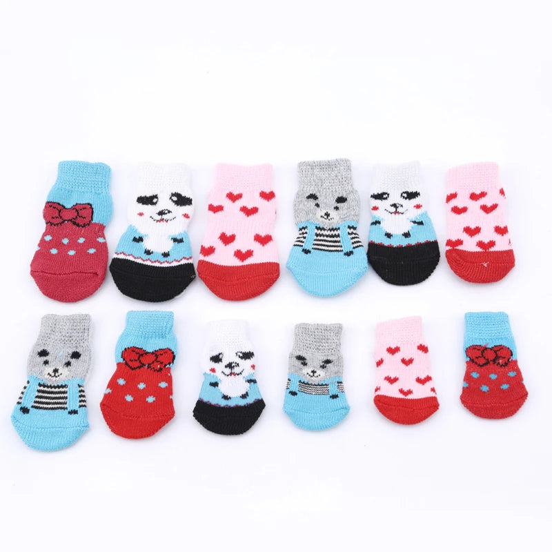 4Pcs/Set Pet Dog Socks Anti-Slip Knitted Small Dogs Thick Warm Paw Protector Cute Puppy Cat Indoor Wear Boot Dog Socks