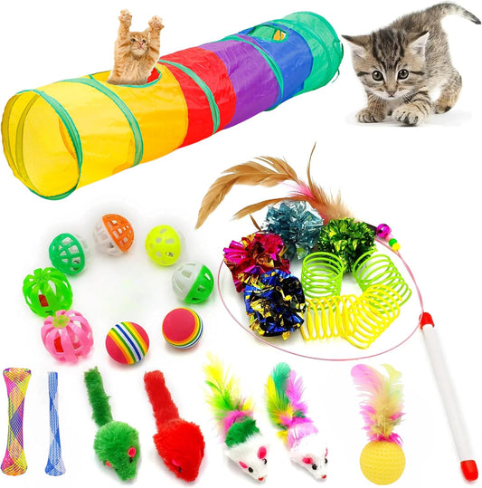 Cat Toys, Kitten Toys, 25 Assorted Cat Stuff Toys Pack Including Crinkle Tunnel Ball Wand Teaser Feather Mouse Mice Spring Assortment Kit for Cats Kittens Rabbits Puppies Rainbow