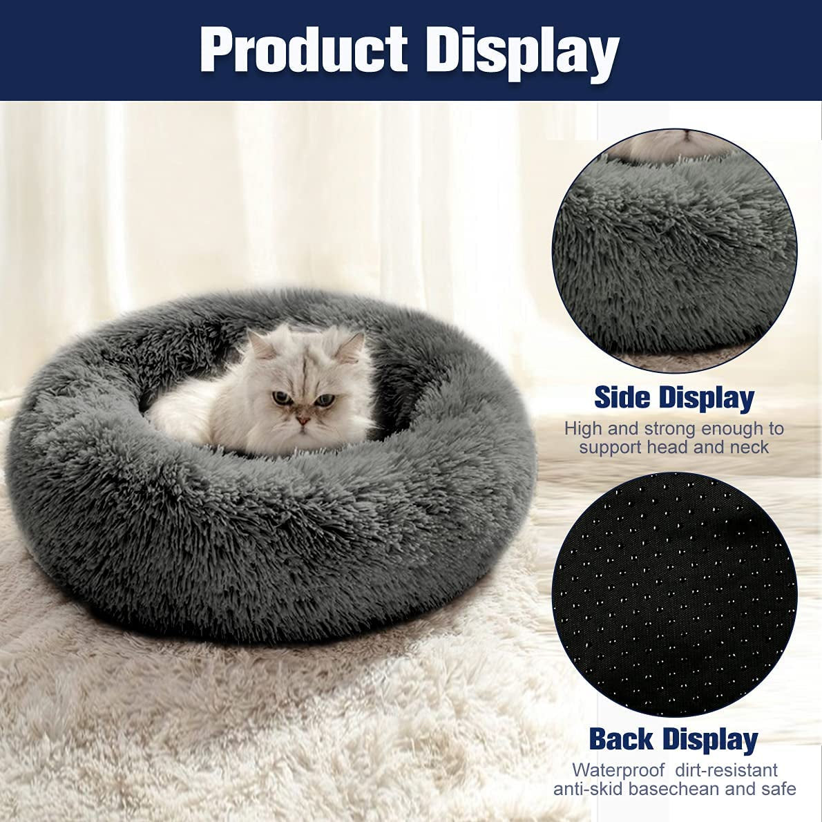 Calming Puppy Dog Beds for Small Dogs, round Donut Washable Small Dog Bed Anti-Slip Faux Fur Fluffy Donut Cuddler Anxiety Pet Cat Bed, Fits up to 25Lbs