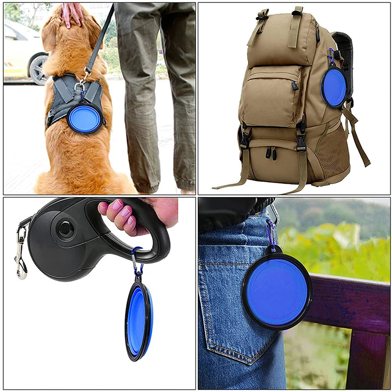 Folding Portable Silicone Dog Feeder Bowl 2 in 1 Pet Dispenser Outdoor Travel Dog Cat with Carabiner Bottle Food Water Container