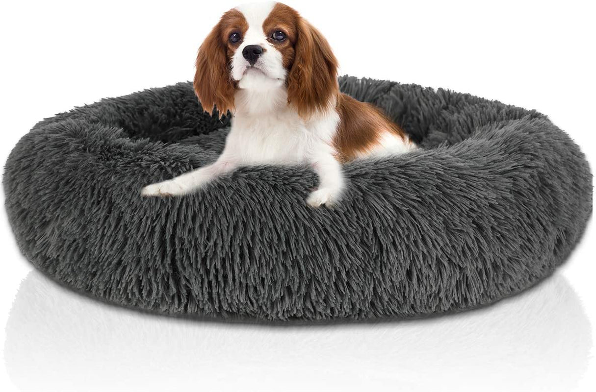 Calming Puppy Dog Beds for Small Dogs, round Donut Washable Small Dog Bed Anti-Slip Faux Fur Fluffy Donut Cuddler Anxiety Pet Cat Bed, Fits up to 25Lbs