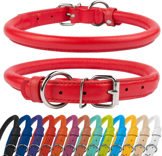 Rolled Leather Dog Collar, Soft Padded round Puppy Collar, Handmade Genuine Leather Collar Dog Small Large Cat Collars 13 Colors (6 Inch, Red Textured)