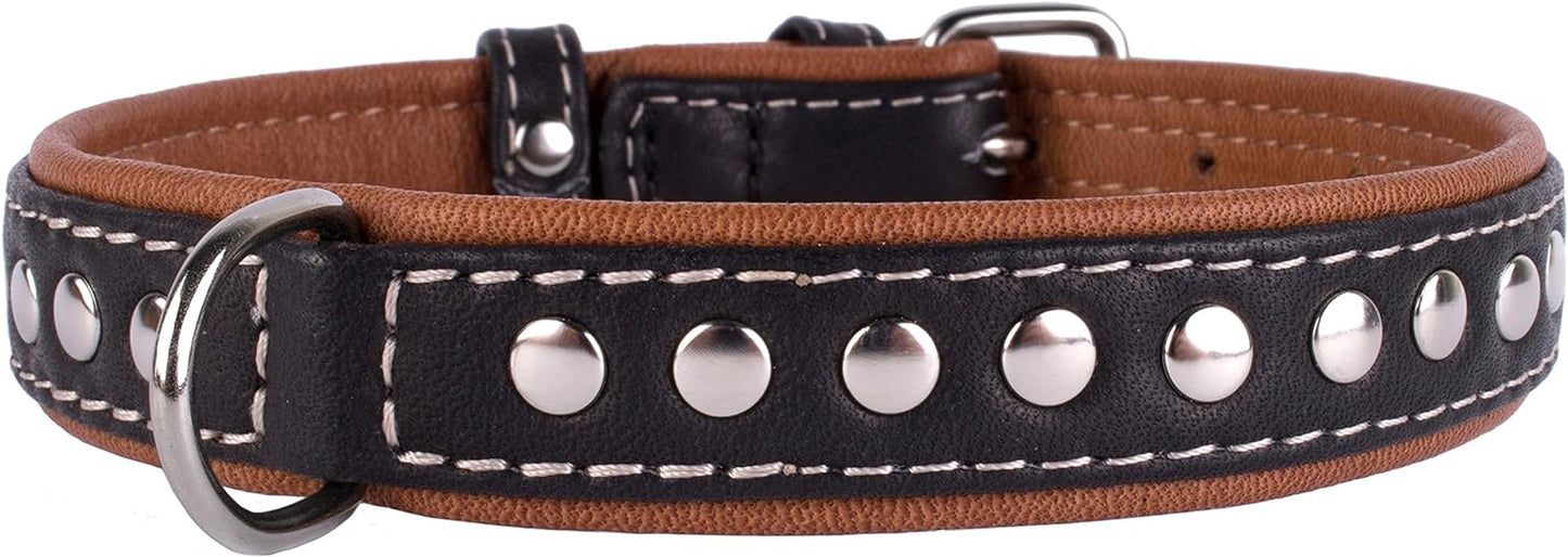 Studded Dog Collar Leather Pet Collars for Dogs Small Medium Large Puppy Soft Padded Brown Black (Brown, Neck Fit 13" - 14")