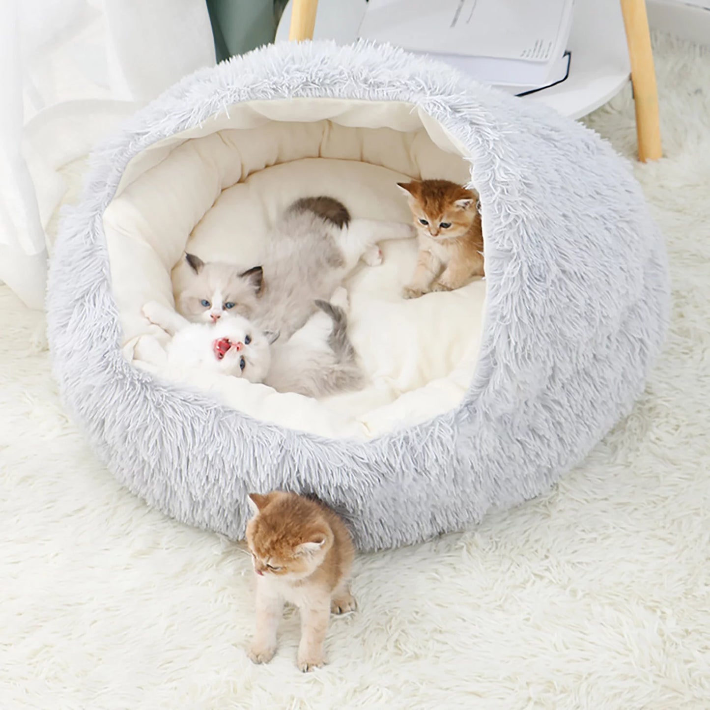 Rnemite-Amo Calming Dog Beds & Cat Cave Bed with Hooded Cover,Removable Washable round Beds for Small Medium Pets,Anti-Slip Faux Fur Fluffy Coved Bed for Improved Sleep,Fits up to 11 Lbs