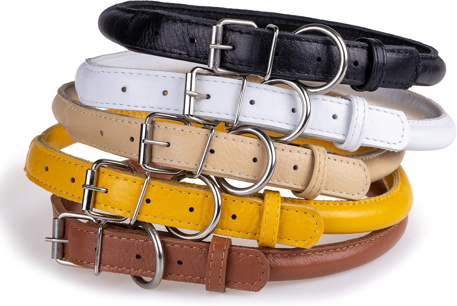 Rolled Leather Dog Collar, Soft Padded round Puppy Collar, Handmade Genuine Leather Collar Dog Small Large Cat Collars 13 Colors (6 Inch, Beige Textured)