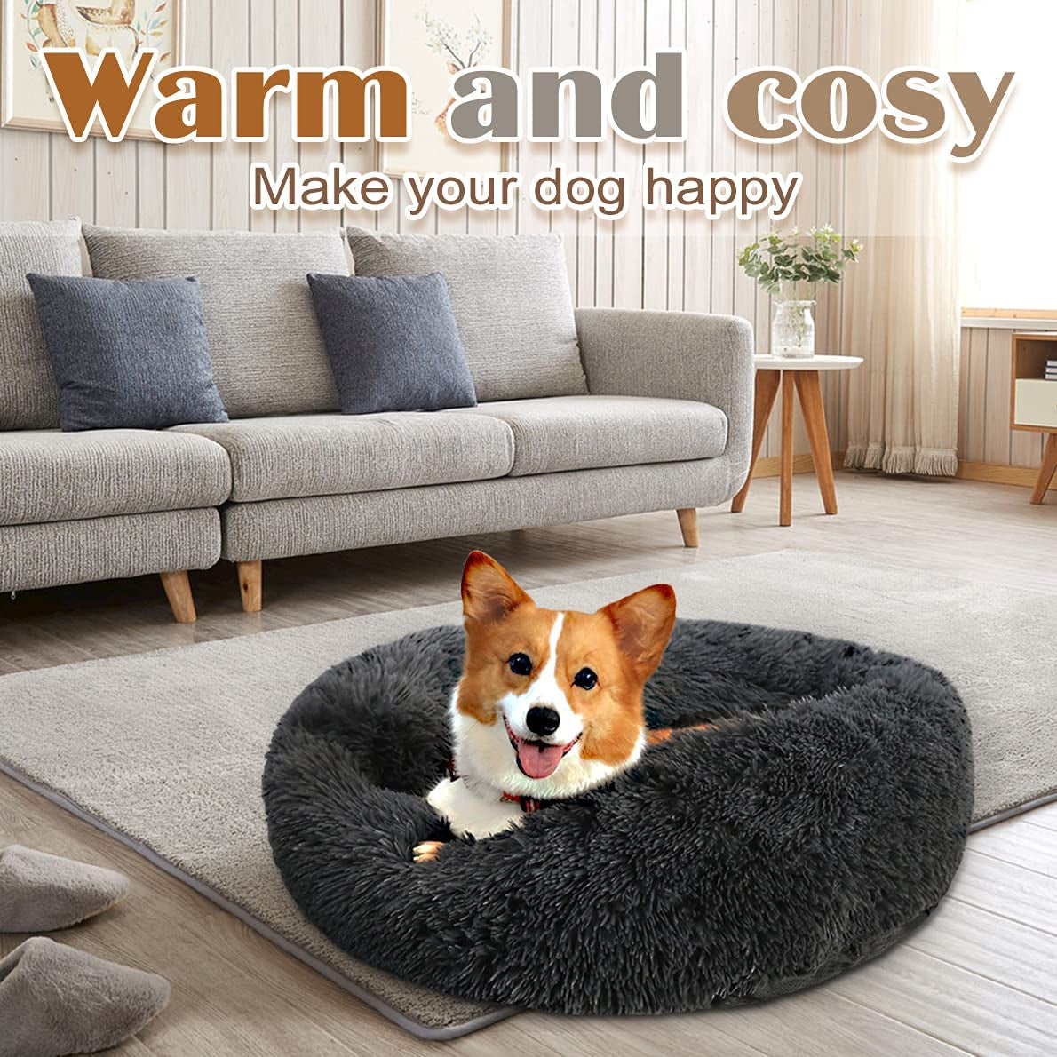 Calming Puppy Dog Beds for Small Dogs, round Donut Washable Small Dog Bed Anti-Slip Faux Fur Fluffy Donut Cuddler Anxiety Pet Cat Bed, Fits up to 25Lbs