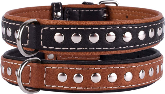 Studded Dog Collar Leather Pet Collars for Dogs Small Medium Large Puppy Soft Padded Brown Black (Brown, Neck Fit 13" - 14")