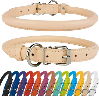 Rolled Leather Dog Collar, Soft Padded round Puppy Collar, Handmade Genuine Leather Collar Dog Small Large Cat Collars 13 Colors (6 Inch, Beige Textured)