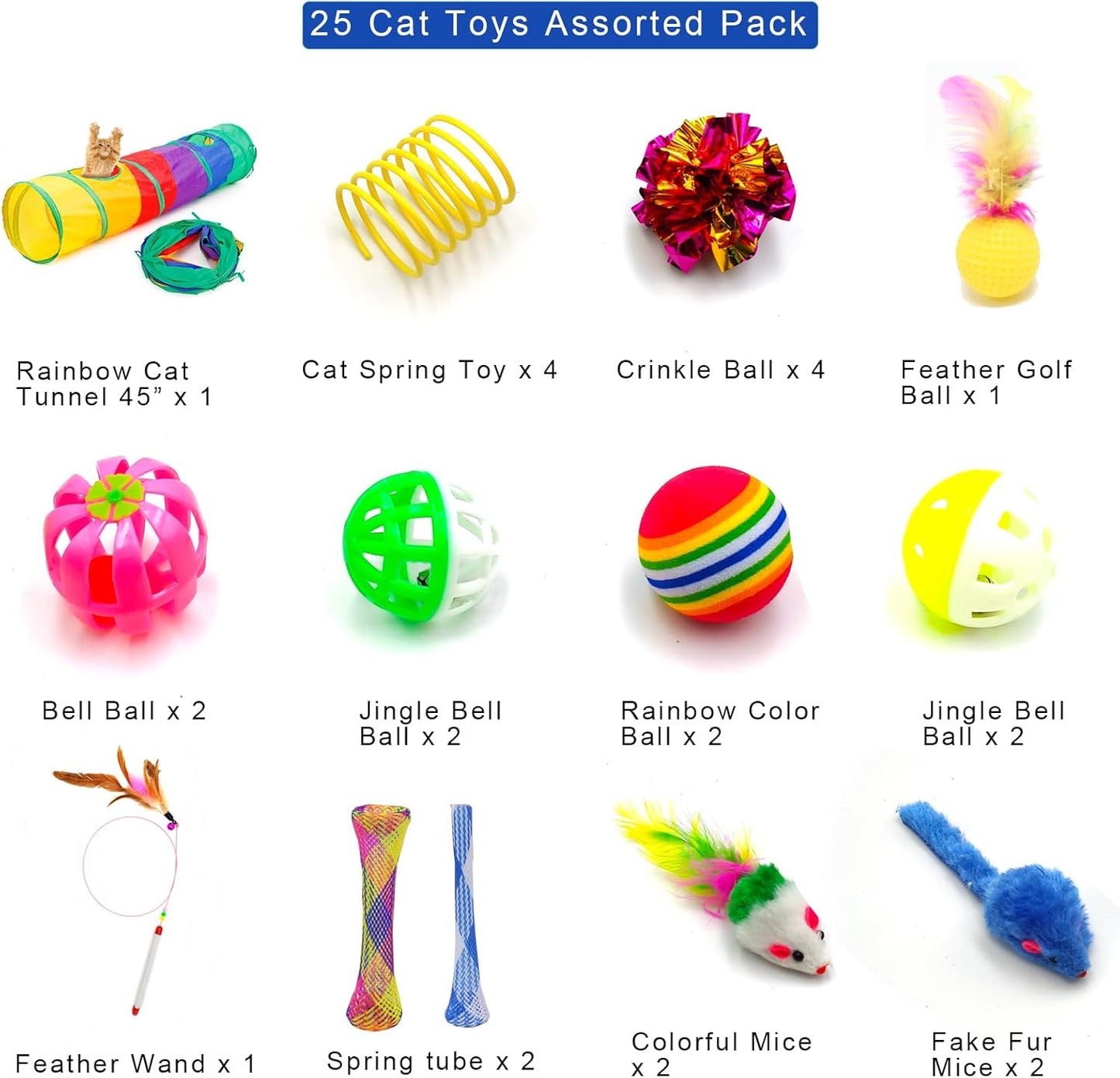 Cat Toys, Kitten Toys, 25 Assorted Cat Stuff Toys Pack Including Crinkle Tunnel Ball Wand Teaser Feather Mouse Mice Spring Assortment Kit for Cats Kittens Rabbits Puppies Rainbow