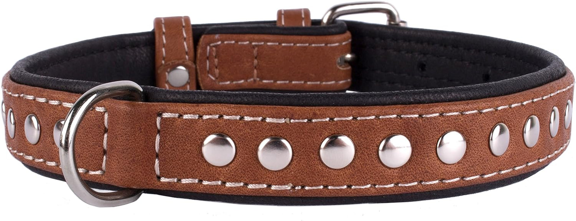 Studded Dog Collar Leather Pet Collars for Dogs Small Medium Large Puppy Soft Padded Brown Black (Brown, Neck Fit 13" - 14")