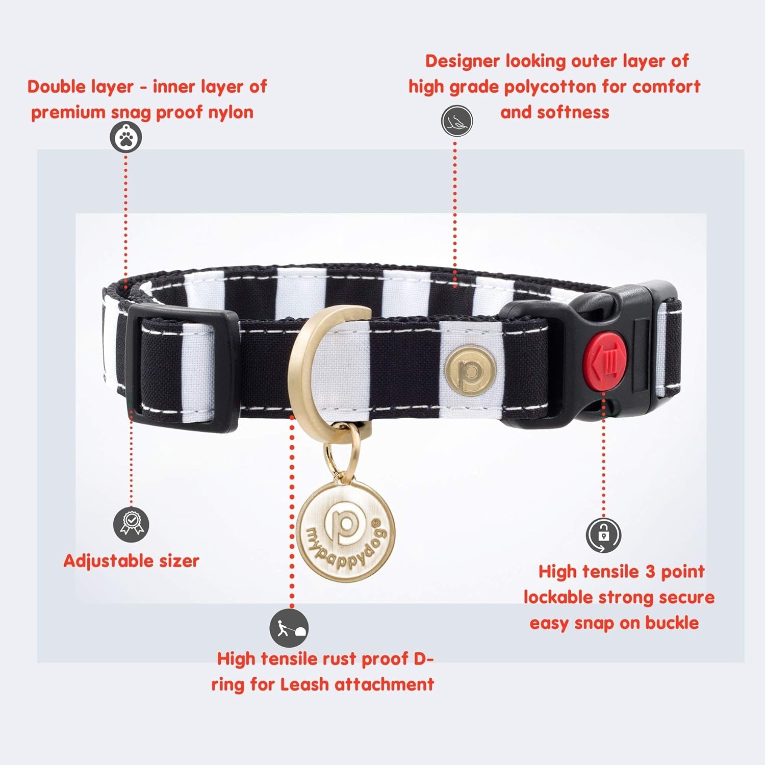 Dog Collar for Small Dogs | Designer Dog Collar | Heavy Duty Dog Collar | Durable Dog Collar - High Tensile D Ring & Lockable Safety Buckle | Small Black/White | Matching Leash Available