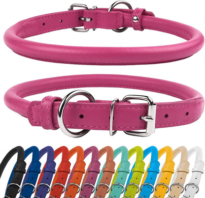 Rolled Leather Dog Collar, Soft Padded round Puppy Collar, Handmade Genuine Leather Collar Dog Small Large Cat Collars 13 Colors (18-22 Inch, Pink Textured)