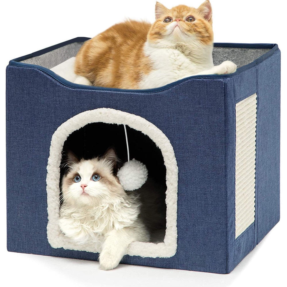 Cat Beds for Indoor Cats -Large Cat Cave for Pet Cat House with Fluffy Ball Hanging and Scratch Pad, Foldable Cat Hidewawy, Blue