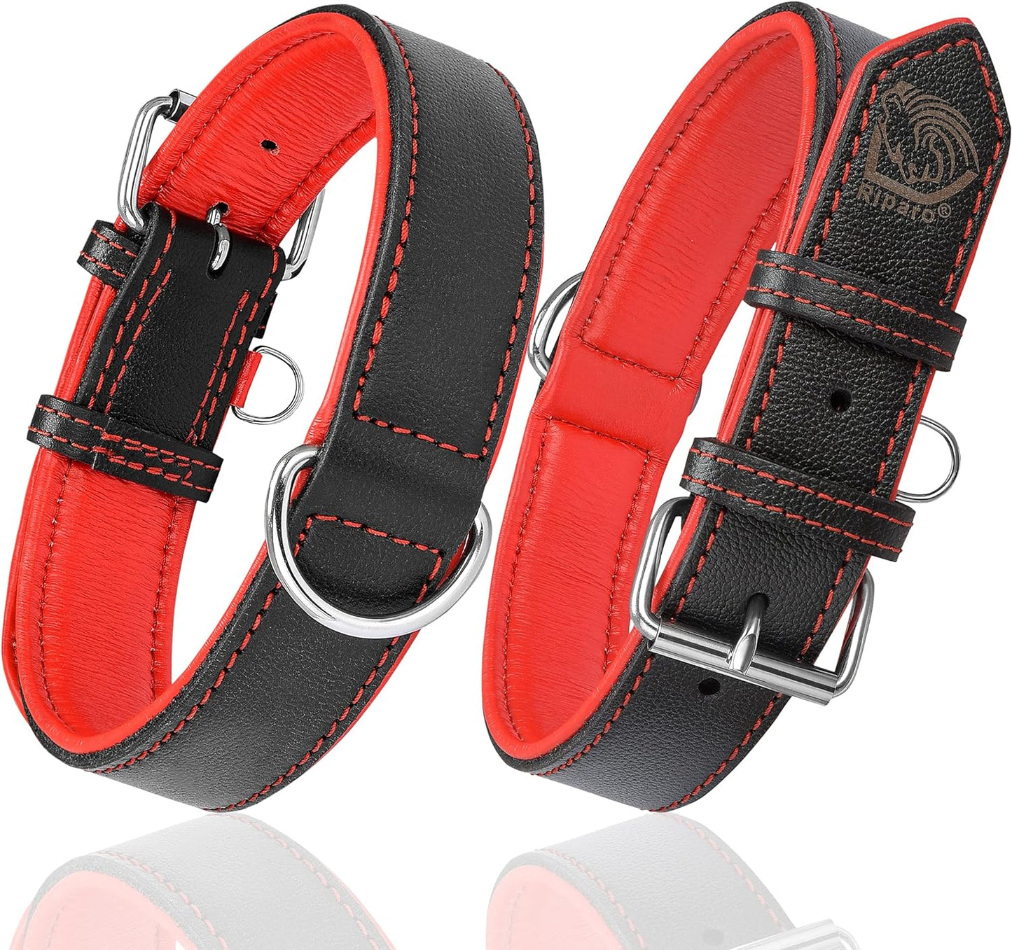 Riparo Dog Collars for Medium Dogs, Genuine Leather Dog Collar, Medium Dog Collar (M, Black/Red Thread)