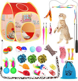 34Pcs Cat Toys Kitten Toys, Interactive Kitty Toys with Collapsible Cat Tunnels Tent, Cat Wand Catnip Feather Teaser